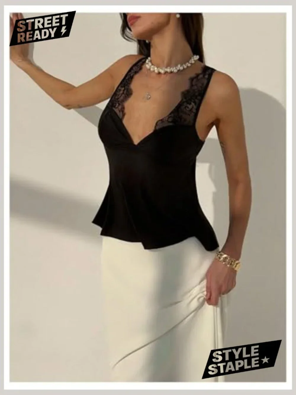 Satin Lace Deep V Neck Sleeveless Camisole Tank Top - Picture 5 of 5